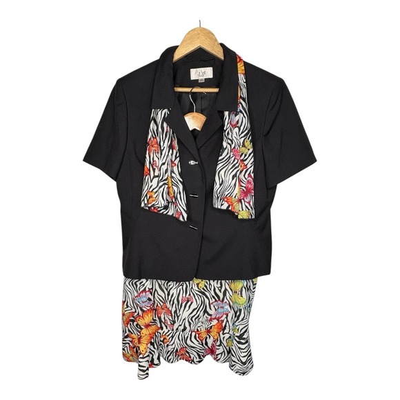 Vintage Le Suit Black Zebra Butterfly Print Skirt Suit Set Women Size 16P - Picture 1 of 12